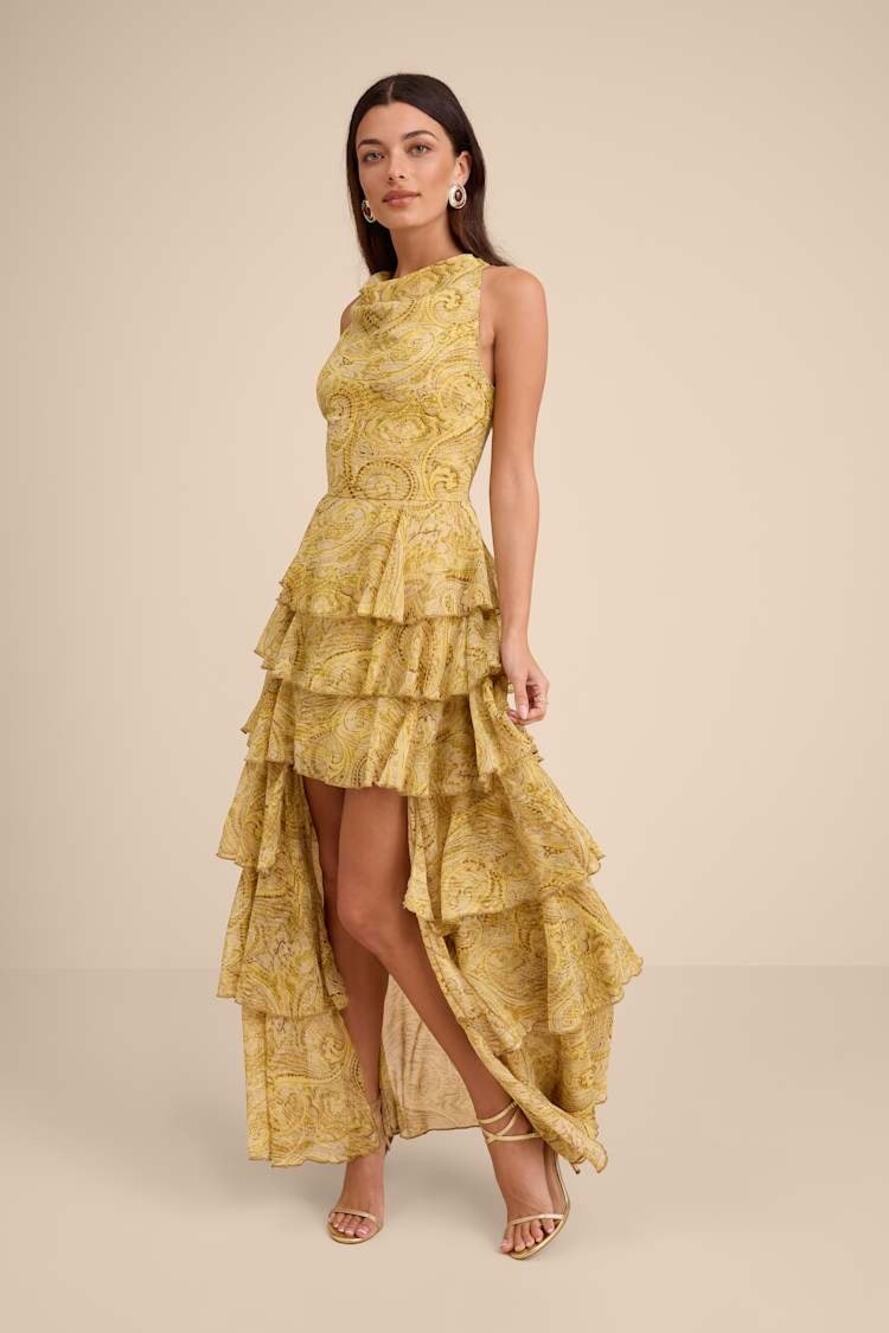 NWT Lulus Cayson Yellow Paisley Tiered High-Low Maxi Dress M
